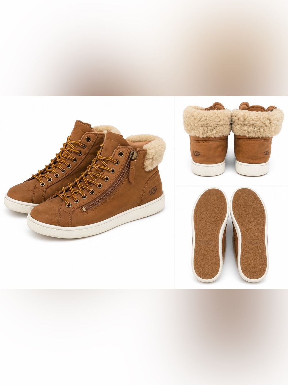 UGG Brown Leather Shearling High Top Sneaker Boots Women’s 9 Side Zip